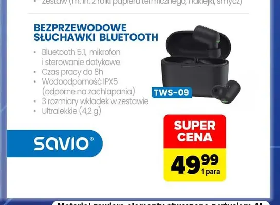 Bezprzewodowe słuchawki Bluetooth TWS-09 Savio promocja w Carrefour