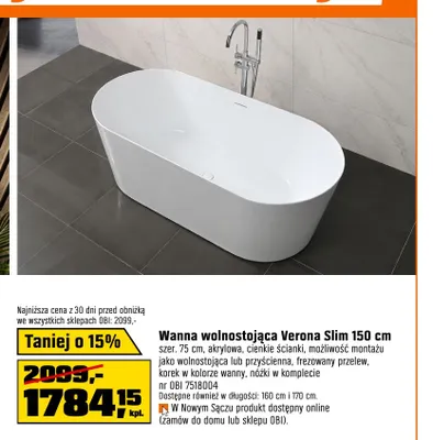 Wanna wolnostojąca Verona Slim 150 cm promocja w OBI