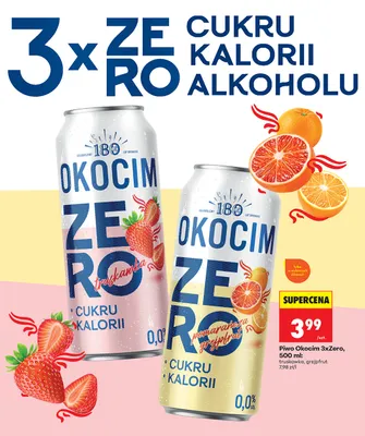Piwo bezalkoholowe Okocim 3xZero truskawka promocja w Biedronka