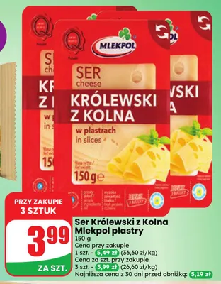Ser Królewski z Kolna w plastrach Mlekpol promocja w Dino