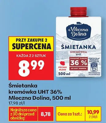 Śmietanka kremówka UHT 36% promocja w Biedronka