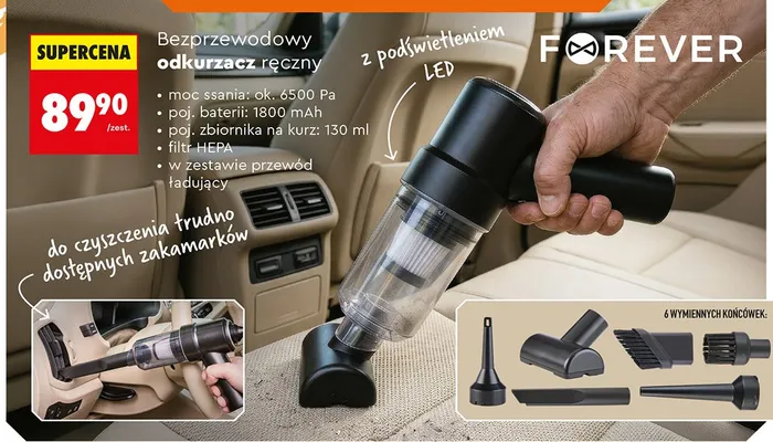 Bezprzewodowy odkurzacz ręczny FOREVER z podświetleniem LED promocja w Biedronka