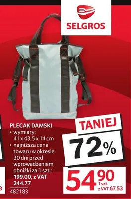 Plecak damski 41x43,5x14cm promocja w Selgros