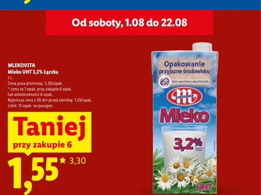 Mleko UHT Łączka Mlekovita 3,2% promocja w Lidl