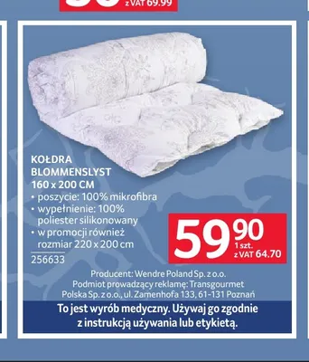 Kołdra Blommenslyst 160x200 cm promocja w Selgros