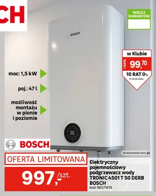 Elektryczny pojemnościowy podgrzewacz wody Tronic 4501 T 50 Derb Bosch promocja w Leroy Merlin