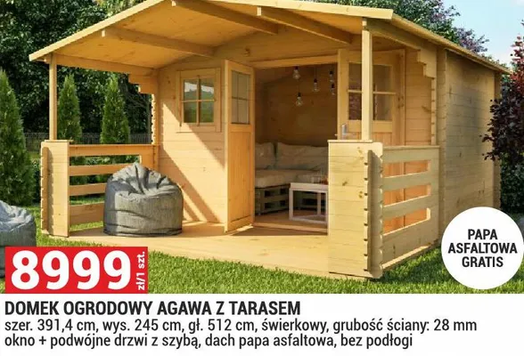 Domek ogrodowy Agawa z tarasem szer. 391,4 cm, wys. 245 cm, gł. 512 cm, świerkowy, grubość ściany: 28 mm okno + podwójne drzwi z szybą, dach papa asfaltowa, bez podłogi promocja w Merkury Market
