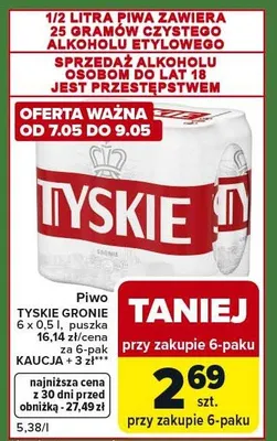 Piwo Tyskie Gronie zgrzewka 6x0,5l puszka promocja w Carrefour Express