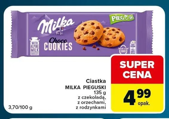 Ciastka Milka Pieguski Choco Cookies z rodzynkami promocja w Globi