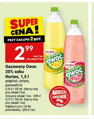 Gazowany owoc 20% soku pomarańcza Hortex promocja w Twój Market
