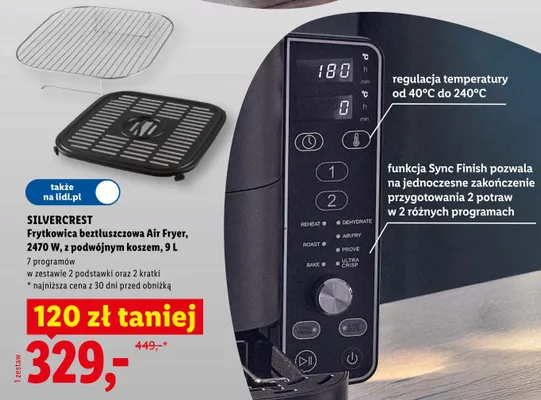 Frytkownica beztłuszczowa Air Fryer Silvercrest 2470W z podwójnym koszem 9l promocja w Lidl