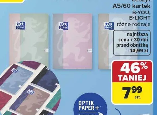 Zeszyt Oxford B-YOU B-LIGHT A5 60 kartek promocja w Carrefour