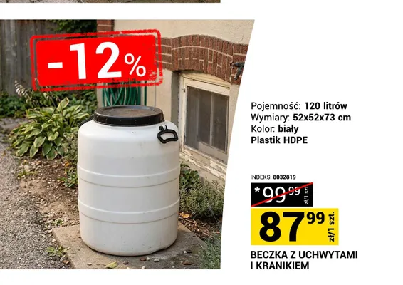 Beczka z uchwytami i kranikiem 120l 52x52x73cm biała plastik HDPE promocja w Merkury Market