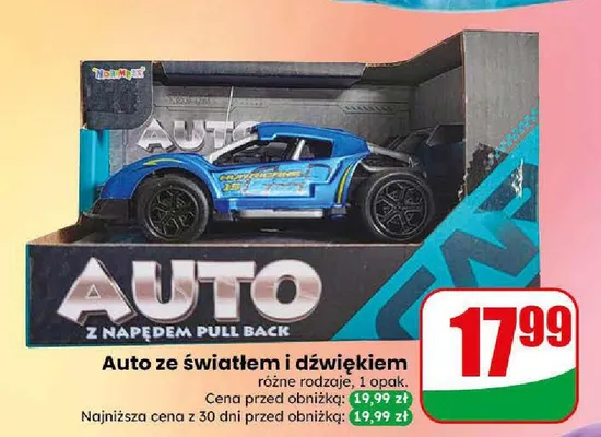 Auto ze światłem i dźwiękiem z napędem pull back promocja w Dino