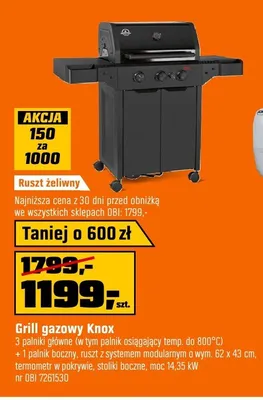 Grill gazowy Knox 3 palniki główne 1 palnik boczny ruszt z systemem modularnym 62x43cm termometr w pokrywie stoliki boczne moc 14,35kW ruszt żeliwny promocja w OBI