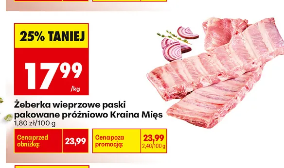 Żeberka wieprzowe paski pakowane próżniowo Kraina Mięs promocja w Biedronka