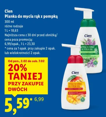 Pianka do mycia rąk z pompką Cien promocja w Lidl