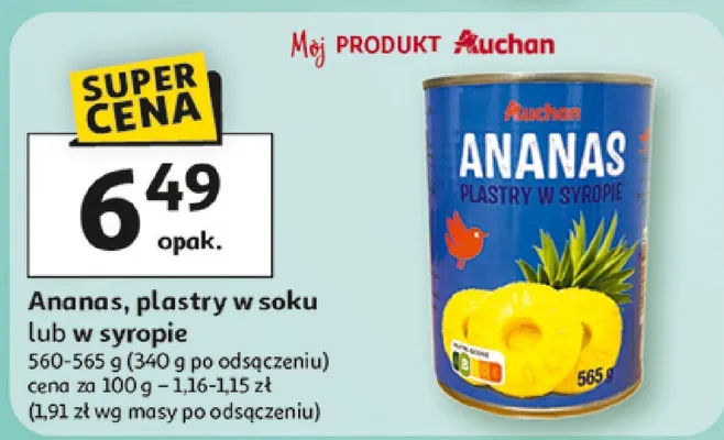Ananas, plastry w soku lub w syropie promocja w Auchan