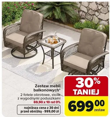 Zestaw mebli balkonowych 2 fotele obrotowe, stolik z wygodnymi poduszkami promocja w Carrefour