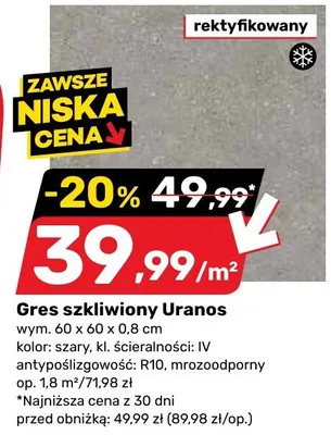 Gres szkliwiony Uranos 60x60x0,8cm szary kl. ścieralności IV antypoślizgowy R10 mrozoodporny promocja w Bricomarche