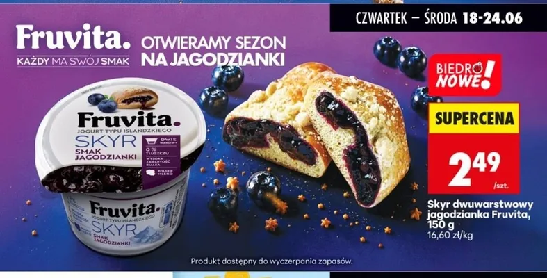 Jogurt Skyr dwuwarstwowy Fruvita jagodzianka promocja w Biedronka