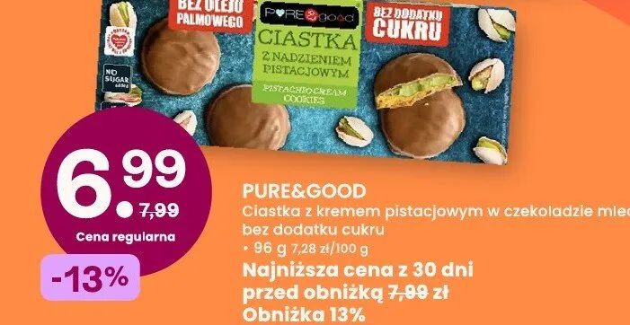 Ciastka z kremem pistacjowym w czekoladzie mlecznej bez dodatku cukru Pure&Good promocja w Frisco