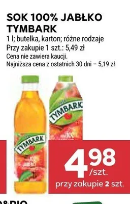 Sok 100% jabłko Tymbark promocja w Stokrotka