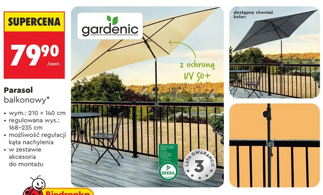 Parasol balkonowy gardenic 210x140cm z ochroną UV 50+ promocja w Biedronka