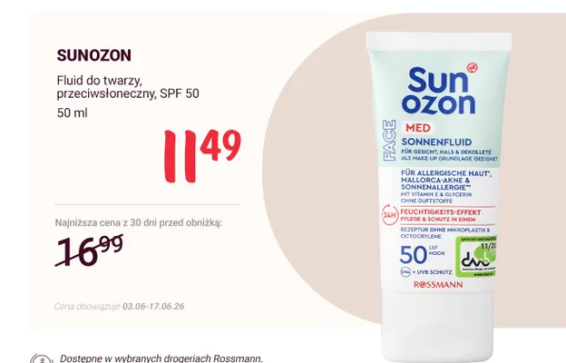 Fluid do twarzy przeciwsłoneczny Sunozon SPF 50 promocja w Rossmann