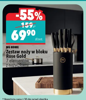 Zestaw noży w bloku MG HOME Rose Gold 7 elementów z nożyczkami promocja w Biedronka Home