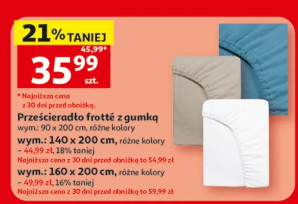 Prześcieradło frotte z gumką 90x200 cm promocja w Auchan