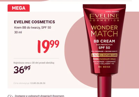 Krem BB do twarzy Eveline Cosmetics Wonder Match SPF 50 promocja w Rossmann