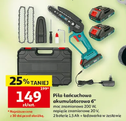 Piła łańcuchowa akumulatorowa 6" moc znamionowa 200W napięcie znamionowe 20V 2 baterie 1,5Ah i ładowarka w zestawie promocja w Auchan