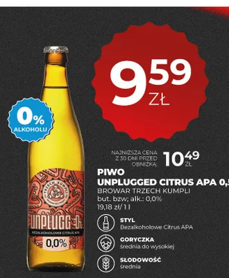 Piwo bezalkoholowe Unplugged Citrus APA Browar Trzech Kumpli promocja w Duży Ben