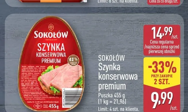 Szynka konserwowa premium SOKOŁÓW promocja w Aldi