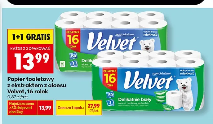 Papier toaletowy Velvet Delikatnie biały promocja w Biedronka