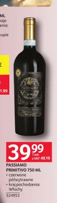 Wino czerwone Passiamo Primitivo półwytrawne promocja w Selgros