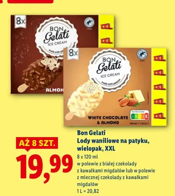 Lody waniliowe na patyku w białej czekoladzie z kawałkami migdałów promocja w Lidl
