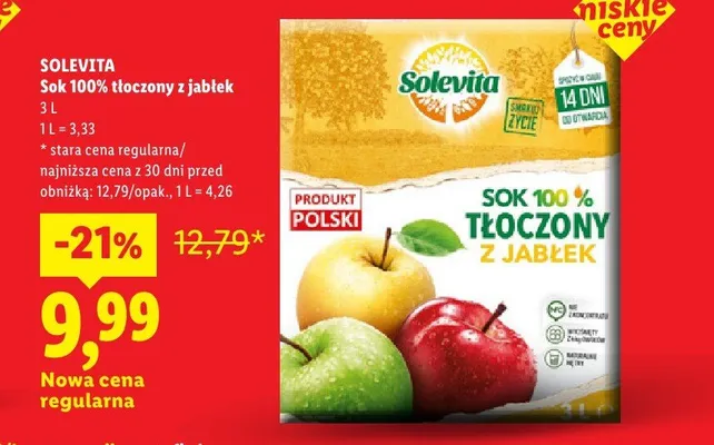 Sok 100% tłoczony z jabłek Solevita promocja w Lidl