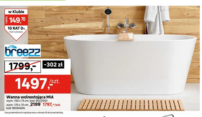 Wanna wolnostojąca MIA Breezz 170x75 cm promocja w Leroy Merlin