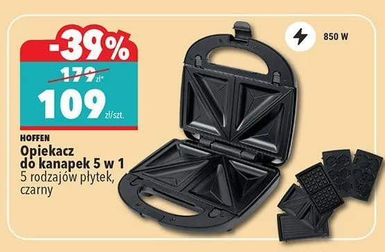 Opiekacz do kanapek Hoffen 5 w 1 czarny promocja w Biedronka