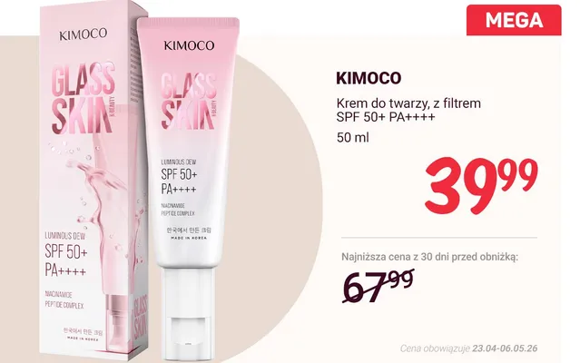 Krem do twarzy Kimoco Glass Skin z filtrem SPF 50+ PA++++ Luminous Dew promocja w Rossmann