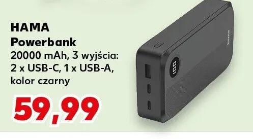 Powerbank 20000 mAh, 3 wyjścia: 2 x USB-C, 1 x USB-A, kolor czarny promocja w Kaufland