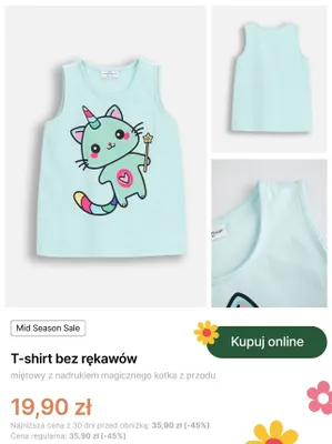 T-shirt bez rękawów Coccodrillo miętowy z nadrukiem magicznego kotka z przodu promocja w Coccodrillo