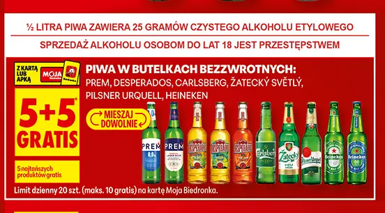 Piwa w butelkach bezzwrotnych Lech Premium, Desperados, Carlsberg, Žatecký Světlý, Pilsner Urquell, Heineken promocja w Biedronka
