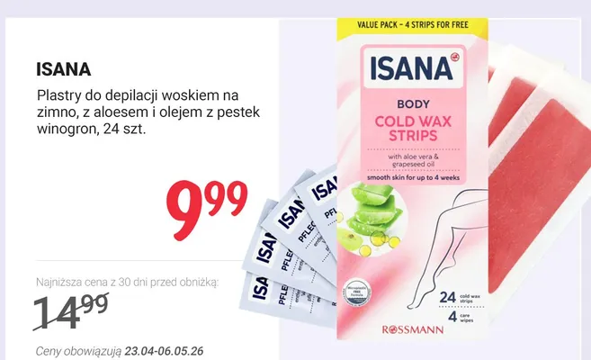 Plastry do depilacji woskiem na zimno Isana Body Cold Wax Strips z aloesem i olejem z pestek winogron promocja w Rossmann