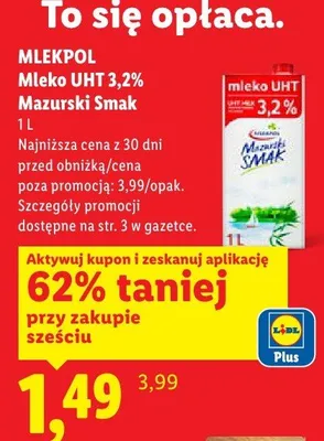 Mleko UHT Mazurski smak 3,2% promocja w Lidl