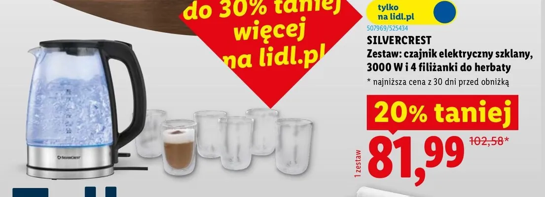 Zestaw czajnik elektryczny szklany + 4 filiżanki do herbaty Silvercrest promocja w Lidl