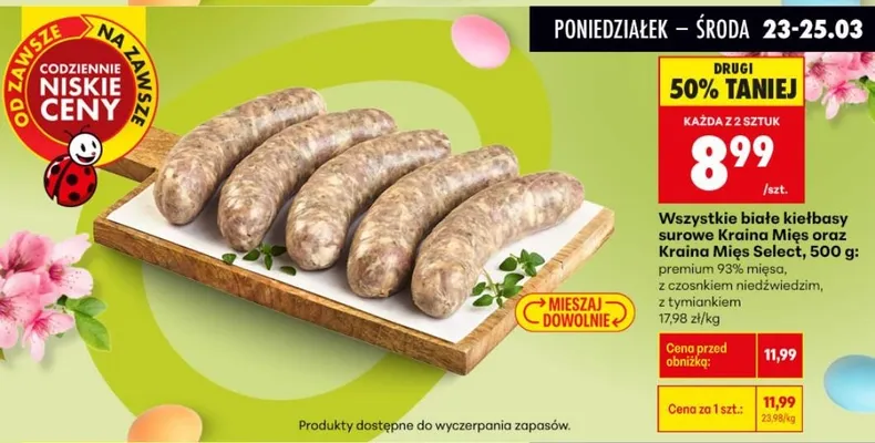 Białe kiełbasy surowe promocja w Biedronka