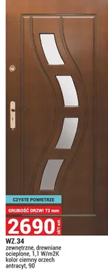 Drzwi WZ.34 zewnętrzne drewniane ocieplone 1,1W/m2K kolor ciemny orzech antracyt 90 promocja w Merkury Market
